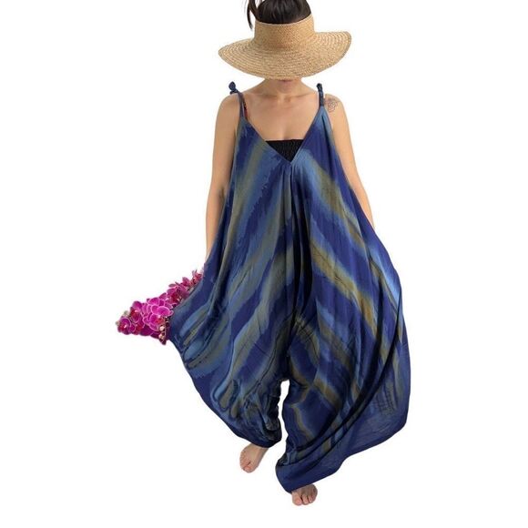 Pōʻalima Blue Tan Tropical Boho Wide Leg Beach Romper - Picture 8 of 14